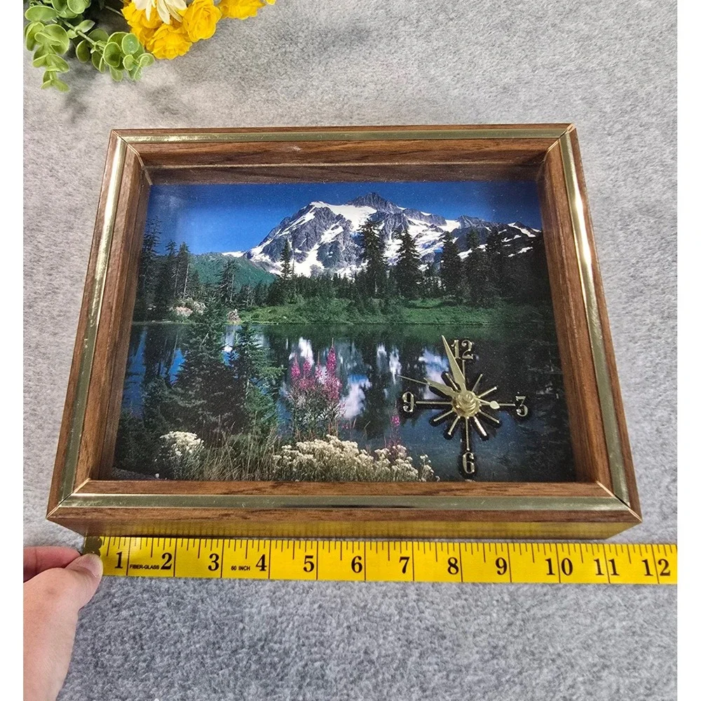 Vintage 80s Takane Shadow Box Wall Clock Mountain Lake Landscape MCM Retro